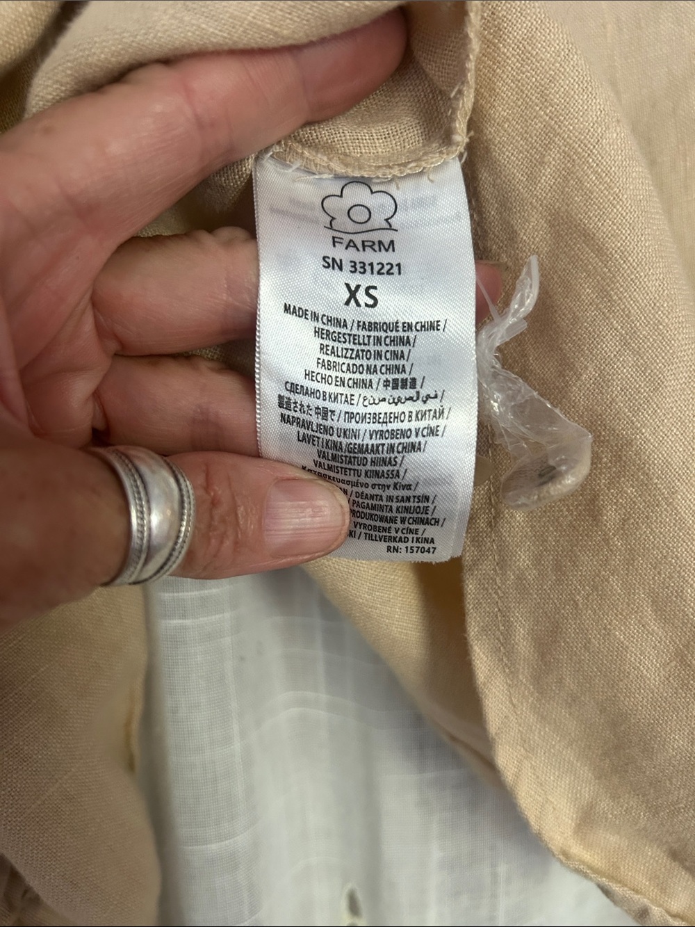 FARM Rio Palms Richelieu linen Cutwork Button-Front shirt in sand. - Picture 8 of 8